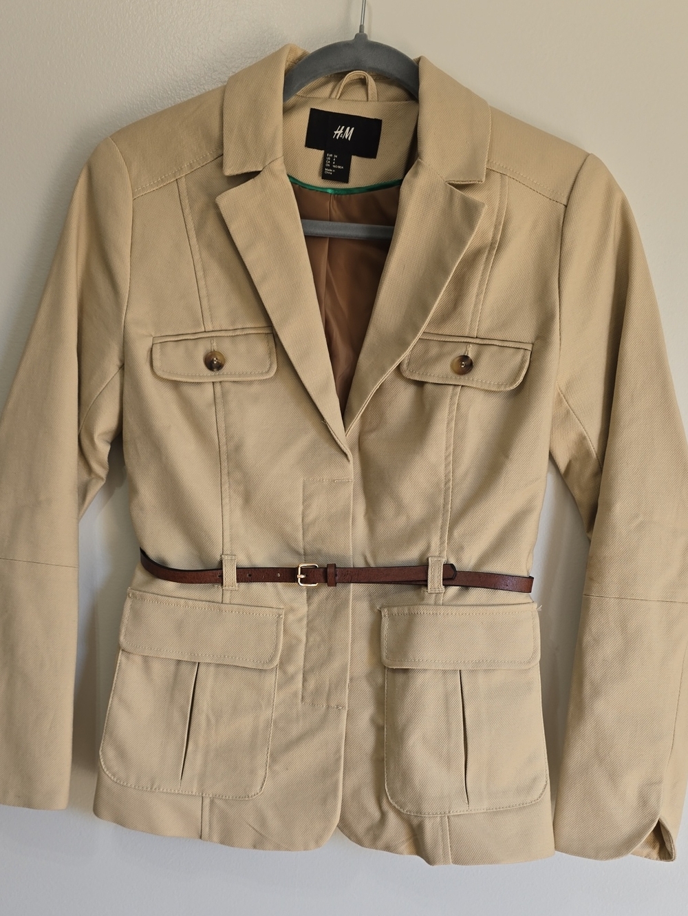 H&M Tan Khaki Safari-Style Women's Blazer with Brown Belt Sz 4
